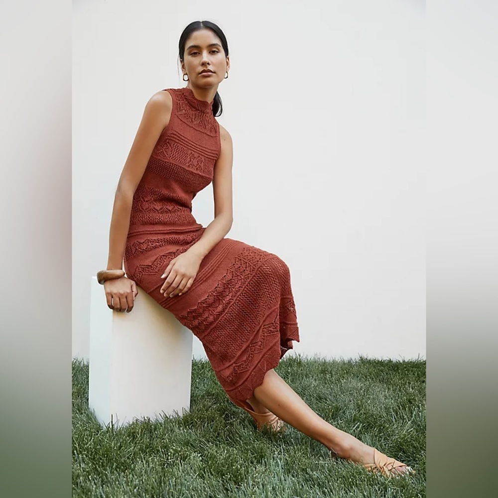 Rust red orange crochet knit anthropologie midi dress